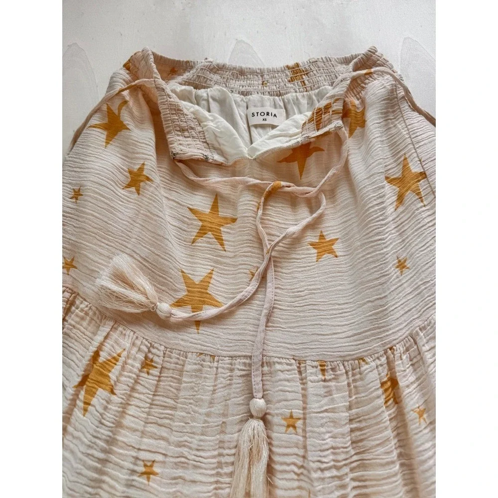 Storia Gold Star Midi Sun Dress Cream Tie Shoulder Smocked Tiered XS Guaze